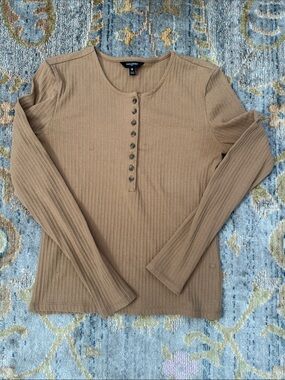 Banana Republic Ribbed Henley Long Sleeve Top - Tan
